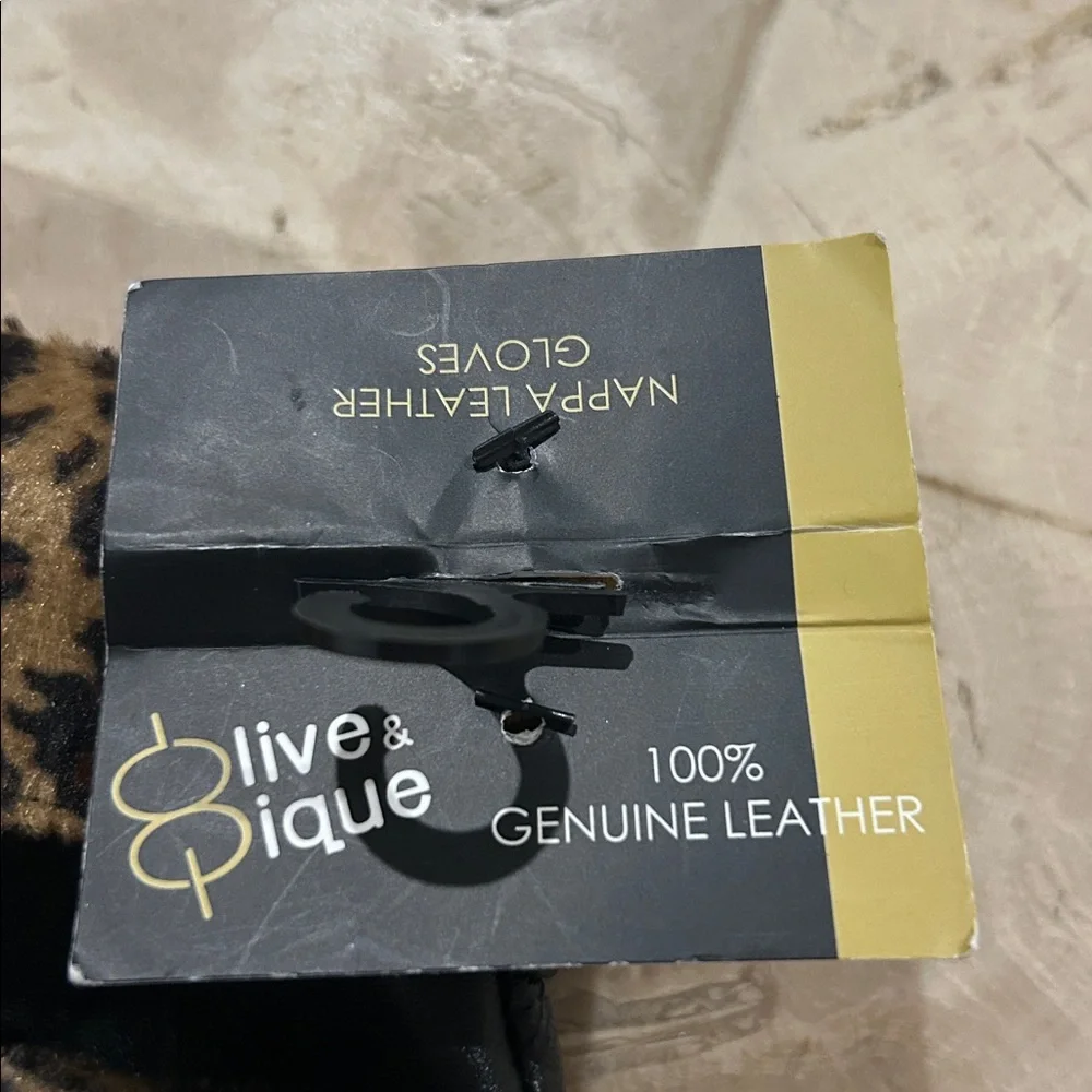 NWT Olive & Pique  Nappa Leather Black Gloves with Leopard Print‎ Cuff